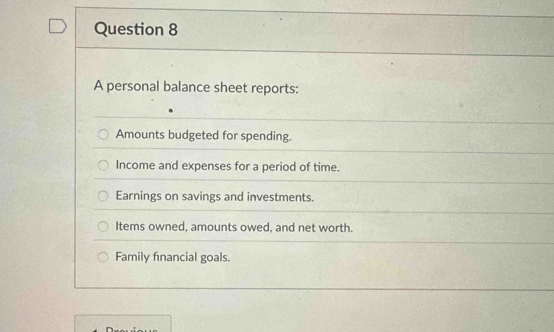 A personal balance sheet reports: 
Amounts budgeted for spending. 
Income and expenses for a period of time. 
Earnings on savings and investments. 
Items owned, amounts owed, and net worth. 
Family financial goals.