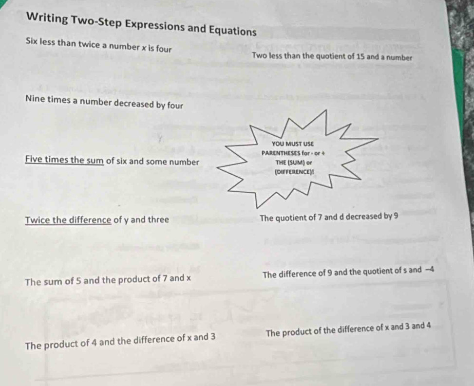 Writing Two-Step Expressions and Equations
Six less than twice a number x is four
Two less than the quotient of 15 and a number
Nine times a number decreased by four
Five times the sum of six and some number
Twice the difference of y and three The quotient of 7 and d decreased by 9
The sum of 5 and the product of 7 and x The difference of 9 and the quotient of s and -4
The product of 4 and the difference of x and 3 The product of the difference of x and 3 and 4