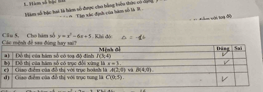 Hàm số bậc Bài
Hàm số bậc hai là hàm số được cho bằng biểu thức có dạng
Tập xác định của hàm số là R.
văm với toạ độ
Câu 5. Cho hàm số y=x^2-6x+5. Khi đỏ: