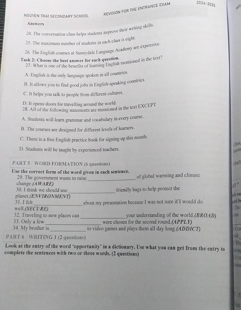 Giải quyết:NGUYEN TRAI SECONDARY SCHOOL REVISION FOR THE ENTRANCE EXAM ...