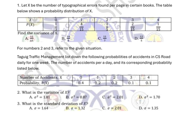 Let X be the number of typographical errors found per page in certain books. The table
below shows a probability distribution of X.
Find the variance of X.
A.  12/15  B.  14/9  C.  11/7  D.  12/5 
For numbers 2 and 3, refer to the given situation.
Taguig Traffic Management list down the following probabilities of accidents in C5 Road
daily for one week. The number of accidents per a day, and its corresponding probability
listed below.
2. What is the variance of X?
A. sigma^2=1.81 B. sigma^2=0.87 C. sigma^2=2.01 D. sigma^2=1.70
3. What is the standard deviation of X?
A. sigma =1.64 B. sigma =1.32 C. sigma =2.01 D. sigma =1.35