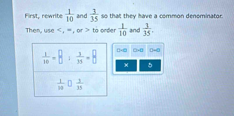 First, rewrite  1/10  and  3/35  so that they have a common denominator.
Then, use < , = , or > to order  1/10  and  3/35 .
□ □ >□ □ =□
×