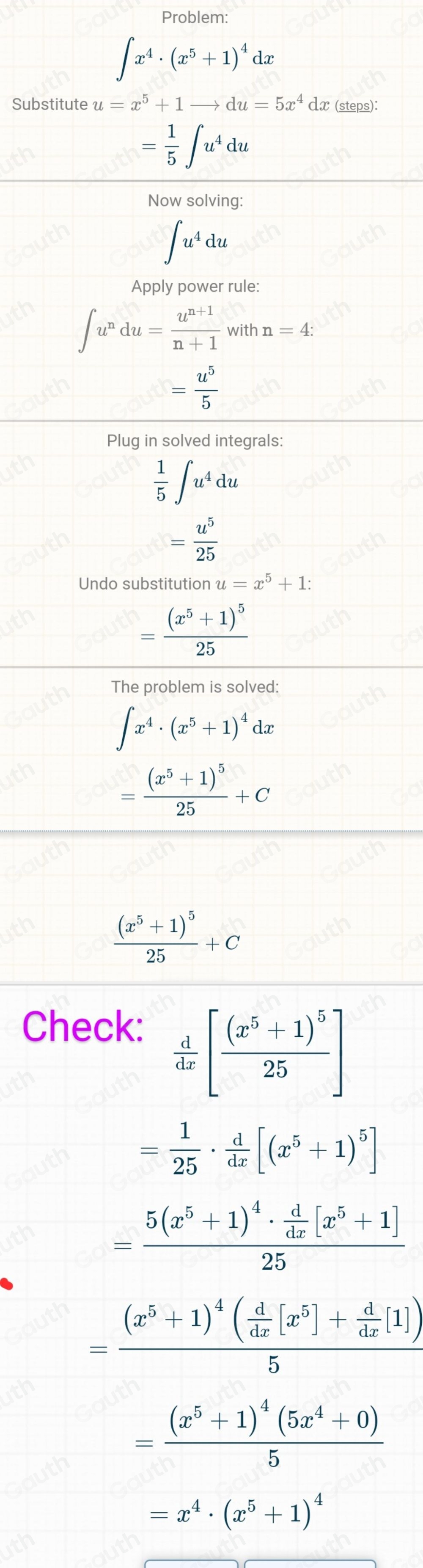 Solved: Evaluate. (Be sure to check by differentiating!) ∈t (1+x^5)^4x ...