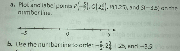 Plot and label points P(- 5/2 ), Q(2 3/4 ), R(1.25) , and S(-3.5) on the 
number line. 
b. Use the number line to order - 5/2 , 2 3/4 , 1.25 , and −3.5