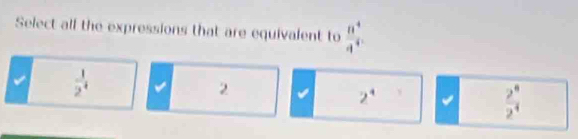 Select all the expressions that are equivalent to  n^4/4^4 
 1/2^4 
2
2^4
 2^4/2^4 