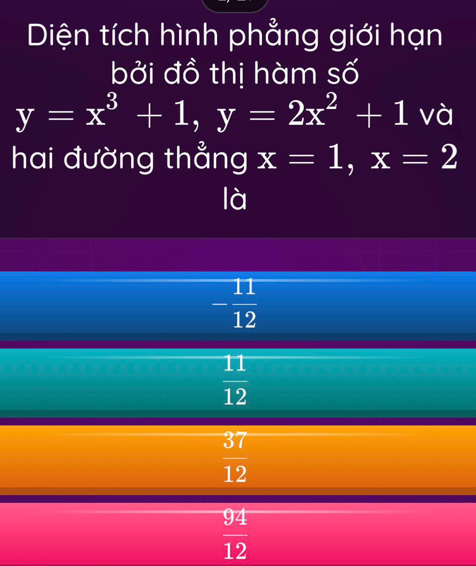 Diện tích hình phẳng giới hạn
bởi đồ thị hàm số
y=x^3+1, y=2x^2+1va
hai đường thẳng x=1, x=2
là
- 11/12 
 11/12 
 37/12 
 94/12 