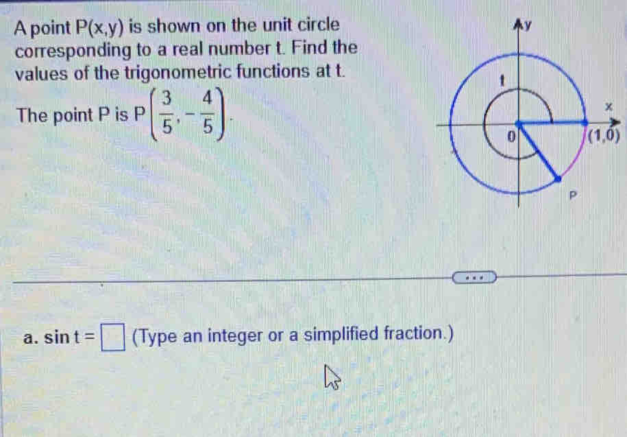 A point P(x,y) is shown on the unit circle
corresponding to a real number t. Find the
values of the trigonometric functions at t.
The point P is P( 3/5 ,- 4/5 ).
a. sin t=□ (Type an integer or a simplified fraction.)