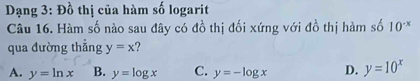 Dạng 3: Đồ thị của hàm số logarit
Câu 16. Hàm số nào sau đây có đồ thị đối xứng với đồ thị hàm số 10^(-x)
qua đường thǎng y=x
A. y=ln x B. y=log x C. y=-log x D. y=10^x