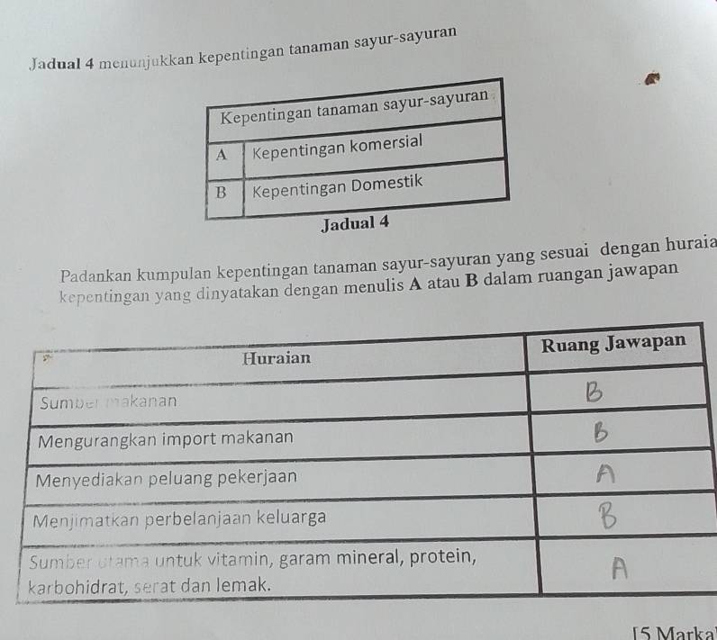 Jadual 4 menunjukkan kepentingan tanaman sayur-sayuran 
Padankan kumpulan kepentingan tanaman sayur-sayuran yang sesuai dengan huraia 
kepentingan yang dinyatakan dengan menulis A atau B dalam ruangan jawapan 
[5 Marka