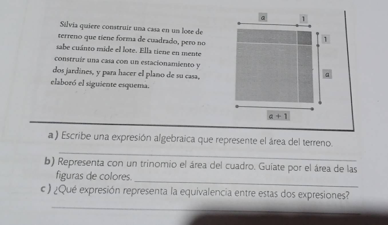 Silvia quiere construir una casa en un lote de
terreno que tiene forma de cuadrado, pero no
sabe cuánto mide el lote. Ella tiene en mente
construir una casa con un estacionamiento y
dos jardines, y para hacer el plano de su casa,
elaboró el siguiente esquema.
_
_
a) Escribe una expresión algebraica que represente el área del terreno.
b) Representa con un trinomio el área del cuadro. Guíate por el área de las
_
figuras de colores.
c ) ¿Qué expresión representa la equivalencia entre estas dos expresiones?
_