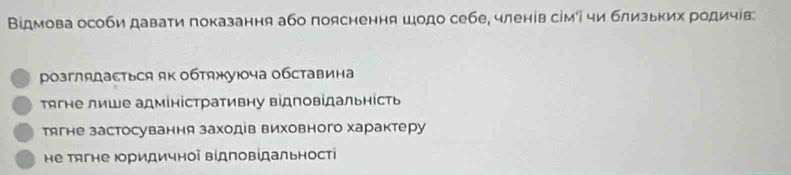 Відмова особи давати πоказання або пояснення шодо себе, членів сімі чи близьких родичів:
розглядасться яK обтяжуюча обставина
тягне лише адміністративну відповідальність
тягне застосування заходів виховного характеру
не тягне юридичноὶ відповίдальност