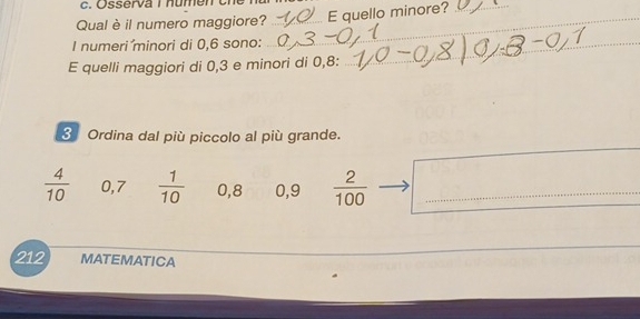 Osserva I numen che 
Qual è il numero maggiore?_ _E quello minore?_ 
I numeri minori di 0, 6 sono:_ 
E quelli maggiori di 0, 3 e minori di 0, 8 : 
3 Ordina dal più piccolo al più grande.
 4/10  0,7  1/10  0,8 0, 9  2/100  _ 
212 MATEMATICA