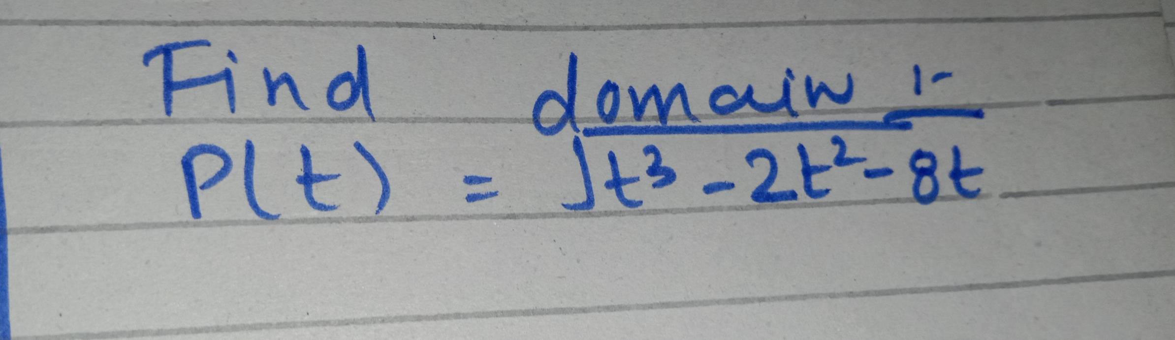 Find domain 1-
P(t)=sqrt(t^3-2t^2-8t)