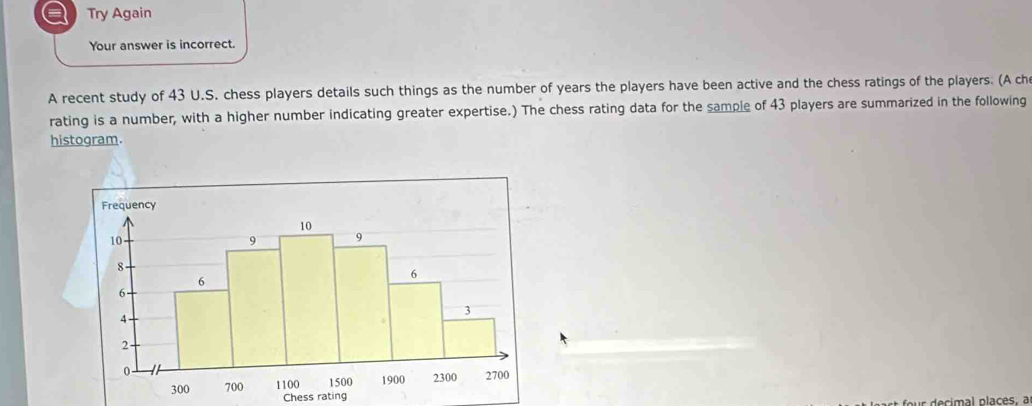 a Try Again 
Your answer is incorrect. 
A recent study of 43 U.S. chess players details such things as the number of years the players have been active and the chess ratings of the players. (A ch 
rating is a number, with a higher number indicating greater expertise.) The chess rating data for the sample of 43 players are summarized in the following 
histogram. 
Chess rating 
f r de cimal places.