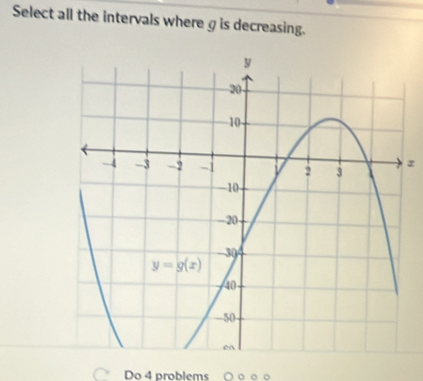 Select all the intervals whereg is decreasing.
r
Do 4 problems