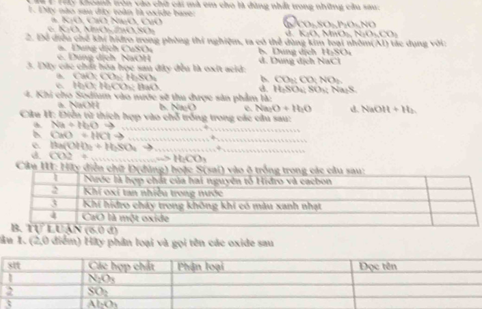 hu 1: Hảy khoanh tròn vào chữ cài mà em cho là đùng nhất trong những cầu sau:
1. Dity nào sau diy toàn là oxide base:
a. K¡O, CaO, NmO, CuO D D,SO=P,(h,NO
MO, MnO₃,Zn0,80, d. KO, MnOz, NaO_3CO_3
2. Để điều chế khí hidro trong phòng thí nghiệm, ta có thể dùng kim loại nhóm(AI) tác dụng với:
a. Dung dịch CuSO4 b. Dung dịch 1 t O
e. Dung dịch NaOH d. Dung dịch NaCl
3. Dây các chất hóa học sau đây đều là oxit acid:
a C aO CO_haH_2SO_4
CO_2CO;NO_2
IOV 0: HaCO₃: BaO, d. H_2SO_4;SO_3 Na₂S.
4. Khi cho Sodium vào nước sẽ thu được sản phẩm là:
a. NaOH b. Na:O Na_2O+H_2O d. NaOH+H_2
Câu H: Điễn từ thích hợp vào chỗ trống trong các cầu sau:
Na+NaOto _
b CaO+HClto _
_
e Ba(OH)_2+H_2SO_4 _
_
_
B. CO2+ _ omega >H_2CO_3
Câu II: H
Hâu 1. (2,0 điểm) Hãy phân loại và gọi tên các oxide sau