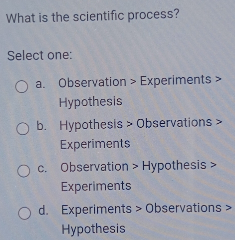 What is the scientific process?
Select one:
a. Observation > Experiments >
Hypothesis
b. Hypothesis > Observations >
Experiments
c. Observation > Hypothesis >
Experiments
d. Experiments >0 bservations >
Hypothesis