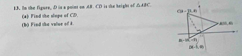 In the figure, D is a point on AB. CD is the height of △ ABC.
(a) Find the slope of CD.
(b) Find the value of k.