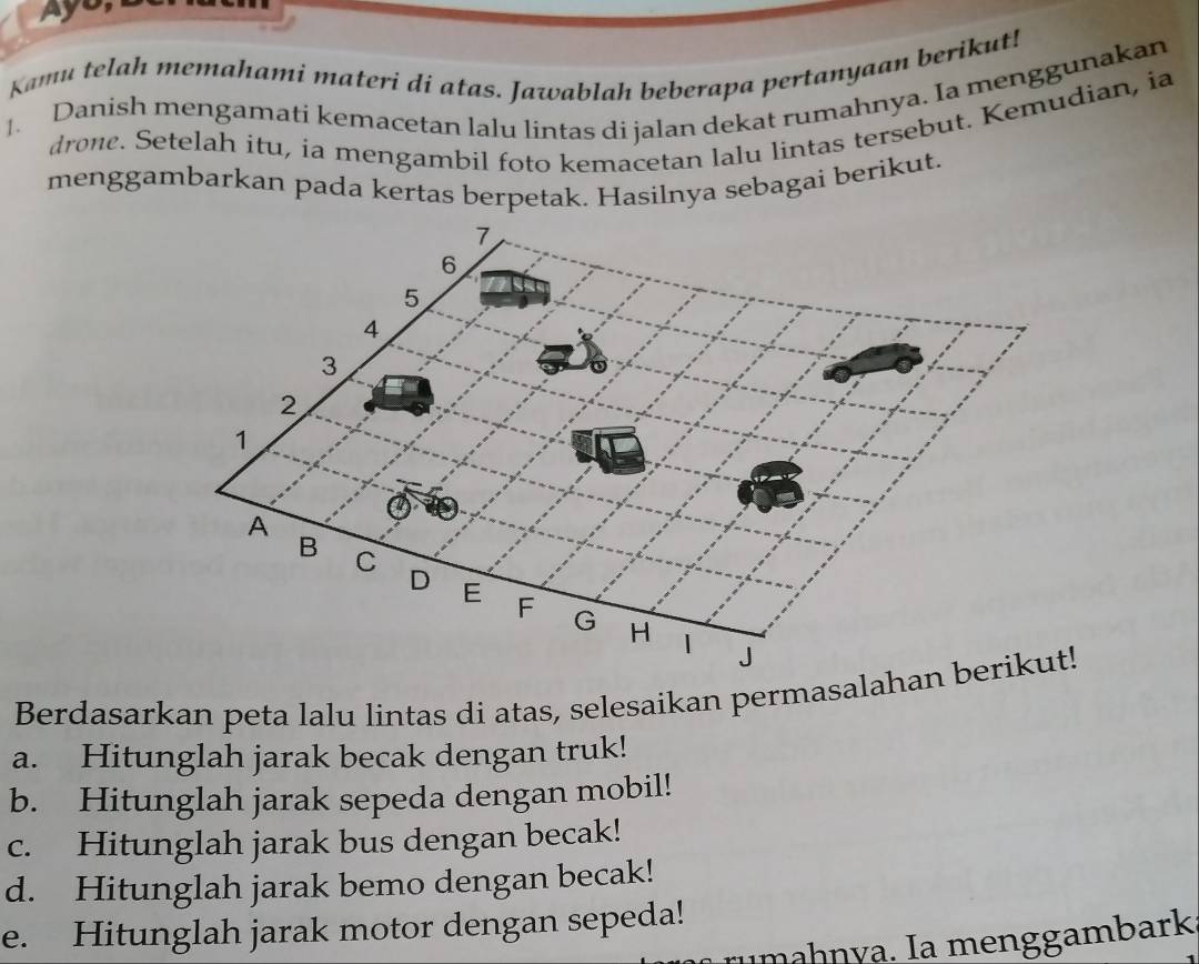 Ayb, 
Kamu telah memahami materi di atas. Jawablah beberapa pertanyaan berikut! 
1. Danish mengamati kemacetan lalu lintas di jalan dekat rumahnya. Ia menggunakan 
drone. Setelah itu, ia mengambil foto kemacetan lalu lintas tersebut. Kemudian, ia 
menggambarkan pada kertas berpetak. Hasilnya sebagai berikut. 
Berdasarkan peta lalu lintas di atas, selesaikan permasalaha 
a. Hitunglah jarak becak dengan truk! 
b. Hitunglah jarak sepeda dengan mobil! 
c. Hitunglah jarak bus dengan becak! 
d. Hitunglah jarak bemo dengan becak! 
e. Hitunglah jarak motor dengan sepeda! 
mh y men gambark