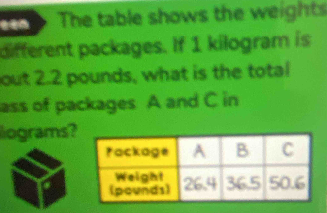 The table shows the weights 
different packages. If 1 kilogram is 
out 2.2 pounds, what is the total 
ass of packages A and C in 
lograms?