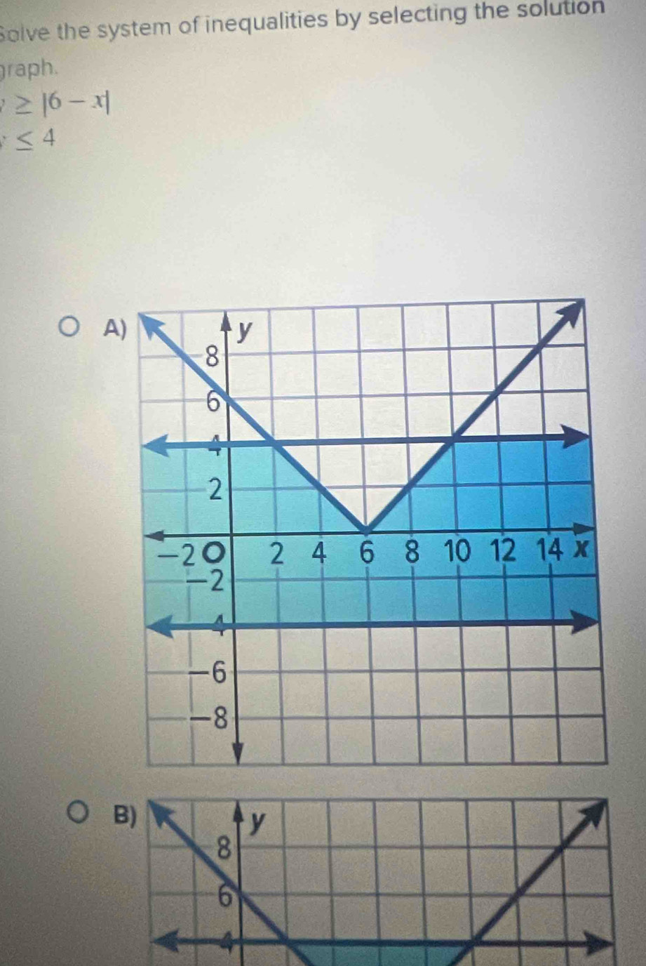 Solve the system of inequalities by selecting the solution 
raph.
≥ |6-x|
≤ 4
A