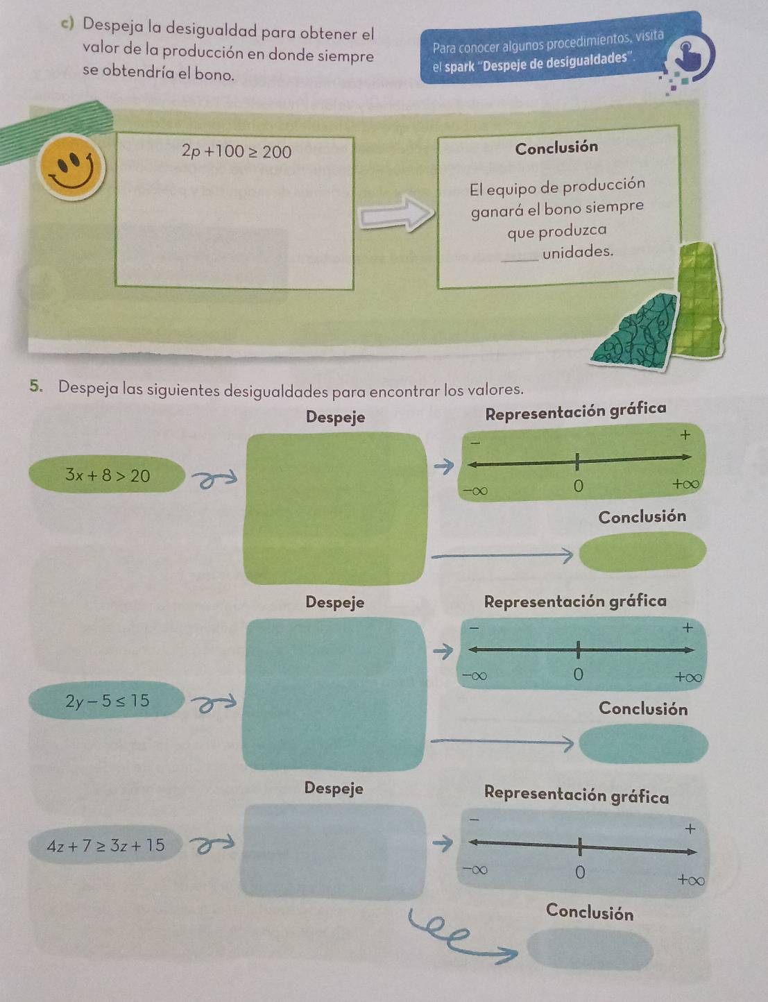 Despeja la desigualdad para obtener el 
valor de la producción en donde siempre 
Para conocer algunos procedimientos, visita 
se obtendría el bono. 
el spark ''Despeje de desigualdades''
2p+100≥ 200
Conclusión 
El equipo de producción 
ganará el bono siempre 
que produzca 
_unidades. 
5. Despeja las siguientes desigualdades para encontrar los valores. 
Despeje Representación gráfica 
+
3x+8>20
-∞
0
+∞
Conclusión 
Despeje Representación gráfica
2y-5≤ 15
Conclusión 
Despeje Representación gráfica
4z+7≥ 3z+15
Conclusión