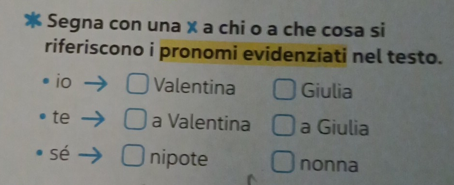 Segna con una × a chi o a che cosa si 
riferiscono i pronomi evidenziati nel testo. 
io Valentina Giulia 
te a Valentina a Giulia 
sé 
nipote nonna