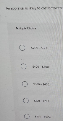 An appraisal is likely to cost between:
Multiple Choice
$200-$300.
$400-$500.
$300-$400
$100-$200
$500-$600