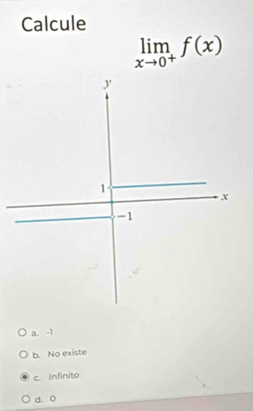 Calcule
limlimits _xto 0^+f(x)
a. -1
b. No existe
c. Infinito
d. 0