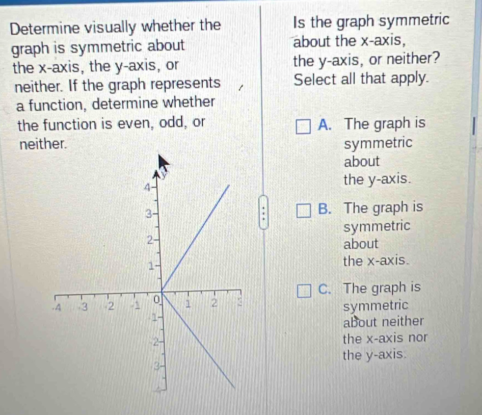 Determine visually whether the Is the graph symmetric
graph is symmetric about about the x-axis,
the x-axis, the y-axis, or the y-axis, or neither?
neither. If the graph represents Select all that apply.
a function, determine whether
the function is even, odd, or A. The graph is
neither. symmetric
about
the y-axis.
B. The graph is
symmetric
about
the x-axis.
C. The graph is
symmetric
about neither
the x-axis nor
the y-axis.