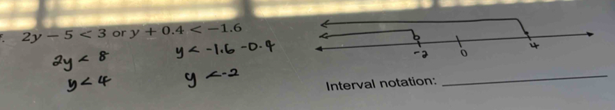 2y-5<3</tex> or y+0.4
Interval notation: 
_
