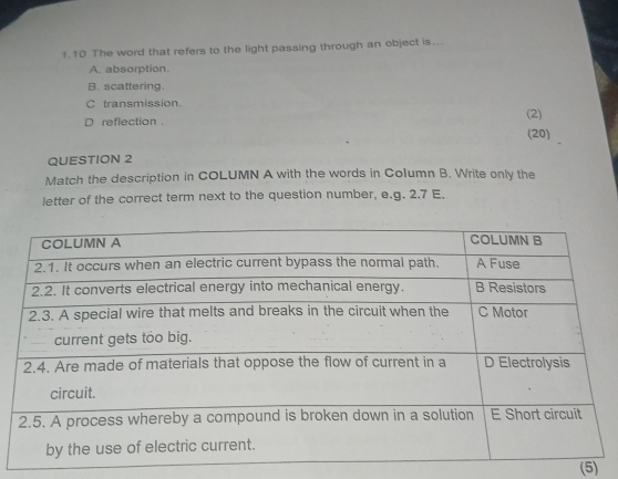 1.10 The word that refers to the light passing through an object is...
A. absorption.
B. scattering.
C transmission.
D reflection . (2)
(20)
QUESTION 2
Match the description in COLUMN A with the words in Column B. Write only the
letter of the correct term next to the question number, e.g. 2.7 E.
(5)