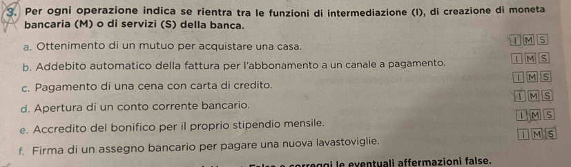 Per ogni operazione indica se rientra tra le funzioni di intermediazione (I), di creazione di moneta 
bancaria (M) o di servizi (S) della banca. 
I M s 
a. Ottenimento di un mutuo per acquistare una casa. 
b. Addebito automatico della fattura per l’abbonamento a un canale a pagamento. I M S 
c. Pagamento di una cena con carta di credito. T M S 
d. Apertura di un conto corrente bancario. TMS 
IM s 
e. Accredito del bonifico per il proprio stipendio mensile. 
1 M s 
f. Firma di un assegno bancario per pagare una nuova lavastoviglie. 
ro g g i le eventuali affermazioni false.