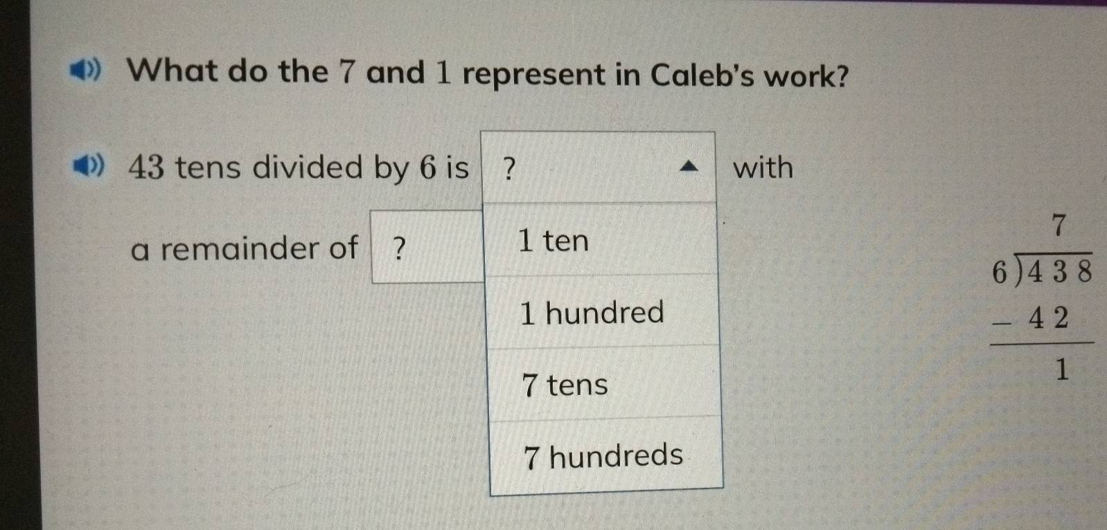 What do the 7 and 1 represent in Caleb's work?
》 43 tens divided by 6 is ？ with
a remainder of ?
1 ten
1 hundred
7 tens
beginarrayr 7 6encloselongdiv 438 -42 hline 1endarray
7 hundreds