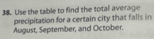 Use the table to find the total average 
precipitation for a certain city that falls in 
August, September, and October.
