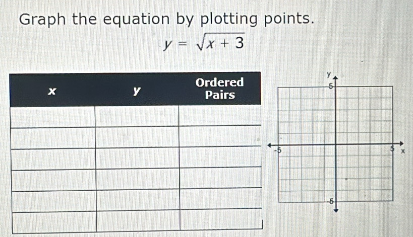 Graph the equation by plotting points.
y=sqrt(x+3)