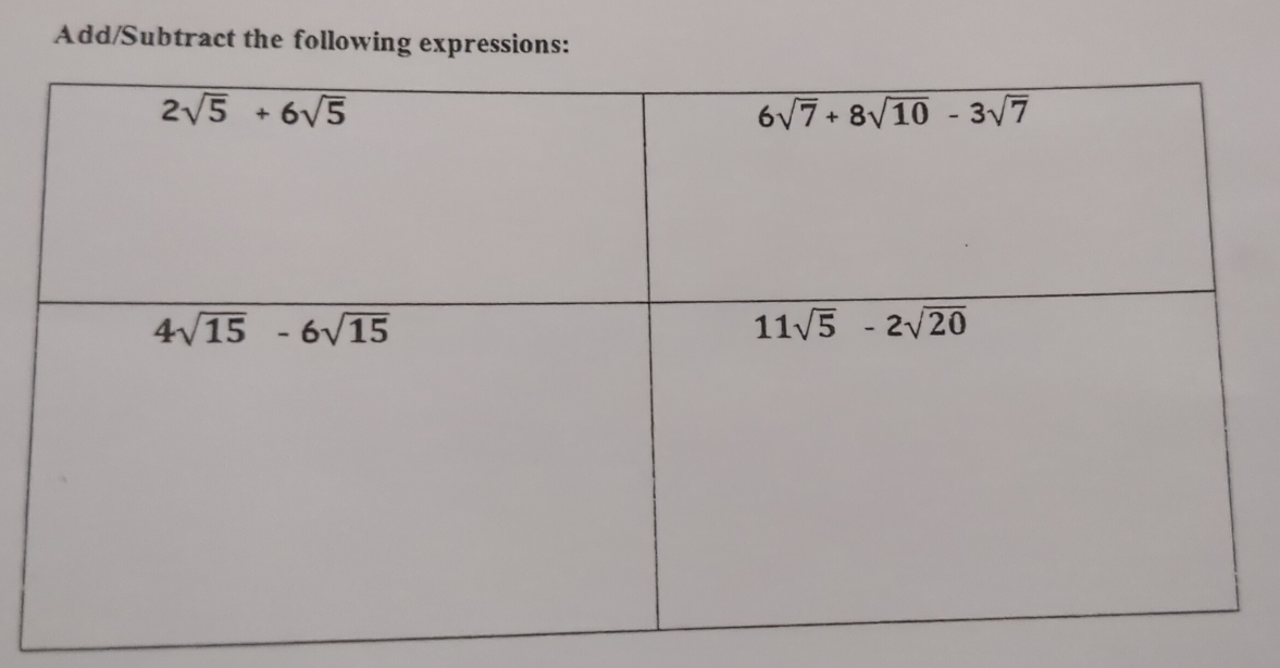 Add/Subtract the following expressions: