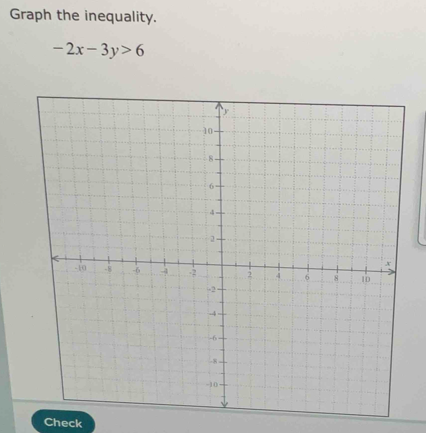 Graph the inequality.
-2x-3y>6
Check