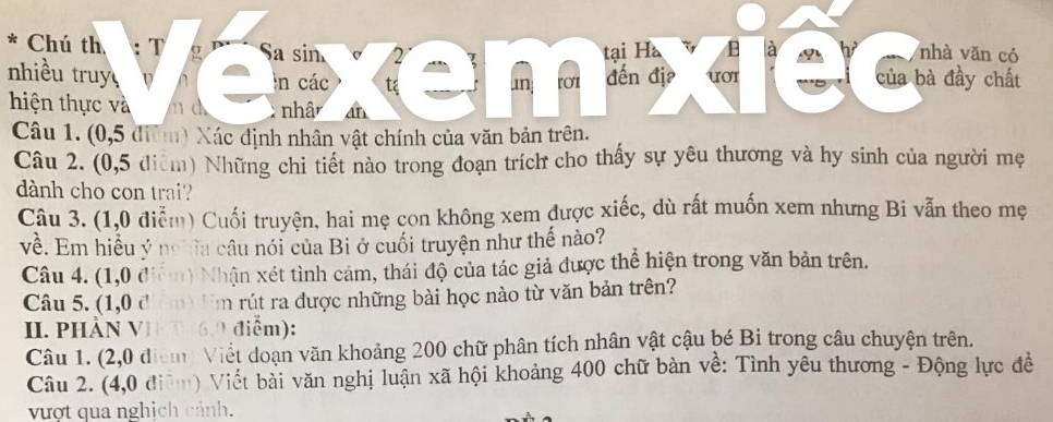 tại Ha B à nhà văn có 
* Chú th ：Τ g Sa sin a un r01 đến đị uot 
nhiều truy của bà đầy chất 
n các ta 
hiện thực và md nhâr 
Câu 1. (0,5 điểm) Xác định nhân vật chính của văn bản trên. 
Câu 2. (0,5 điểm) Những chi tiết nào trong đoạn trích cho thấy sự yêu thương và hy sinh của người mẹ 
dành cho con trai? 
Câu 3. (1,0 điễm) Cuối truyện, hai mẹ con không xem được xiếc, dù rất muốn xem nhưng Bi vẫn theo mẹ 
về. Em hiều ý nghĩa câu nói của Bi ở cuối truyện như thế nào? 
Câu 4. (1,0 điễm) Nhận xét tình cảm, thái độ của tác giả được thể hiện trong văn bản trên. 
Câu 5. (1,0 điểm) tìm rút ra được những bài học nào từ văn bản trên? 
II. PHÀN VI T(6.0 điễm): 
Câu 1. (2,0 điểm) Viết doạn văn khoảng 200 chữ phân tích nhân vật cậu bé Bi trong câu chuyện trên. 
Câu 2. (4,0 điễ ) Viết bài văn nghị luận xã hội khoảng 400 chữ bàn về: Tình yêu thương - Động lực đề 
vượt qua nghịch cảnh.