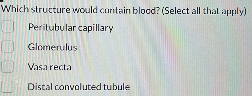 Which structure would contain blood? (Select all that apply)
Peritubular capillary
Glomerulus
Vasa recta
Distal convoluted tubule