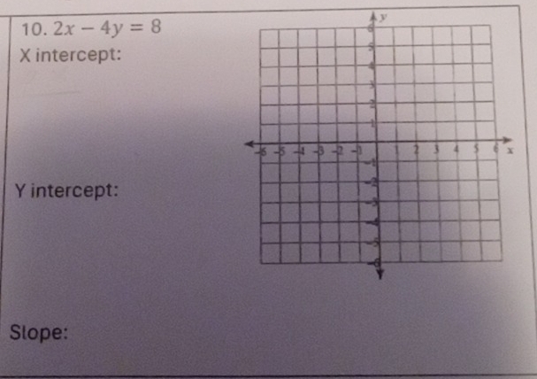 2x-4y=8
X intercept:
Y intercept: 
Slope: