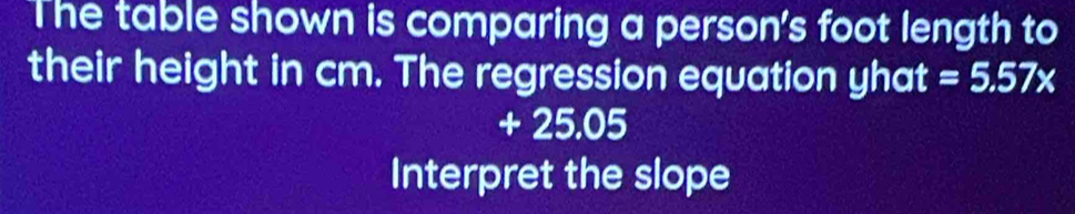 The table shown is comparing a person's foot length to 
their height in cm. The regression equation yhat =5.57x
+ 25.05
Interpret the slope