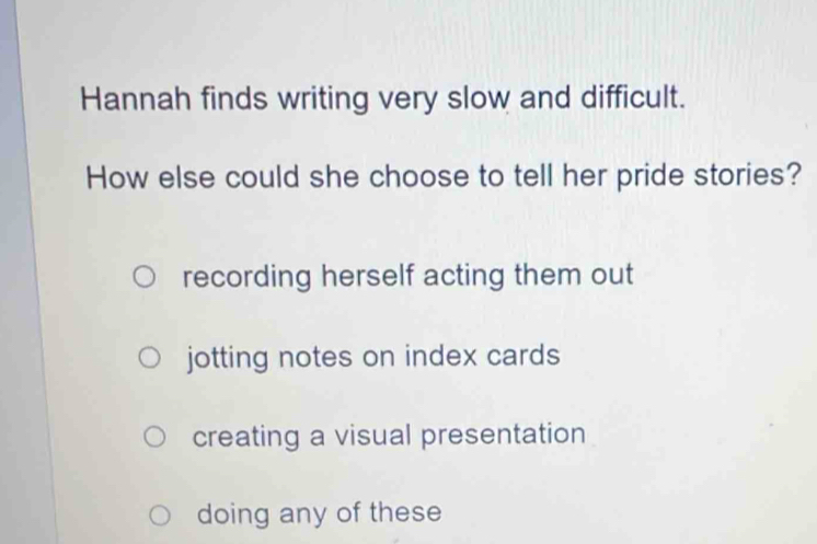 Hannah finds writing very slow and difficult.
How else could she choose to tell her pride stories?
recording herself acting them out
jotting notes on index cards
creating a visual presentation
doing any of these