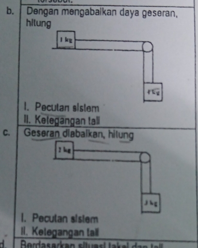 Dengan mengabalkan daya gēseran, 
hilung 
l kg
k y
1. Peculan sistem 
II. Ketegangan tali 
C. Geseran diabalkan, hitung
2 kg
j l g
1. Peculan sislem 
II. Kelegangan ta 
d Berdasarkan situasl Jakel da n ta