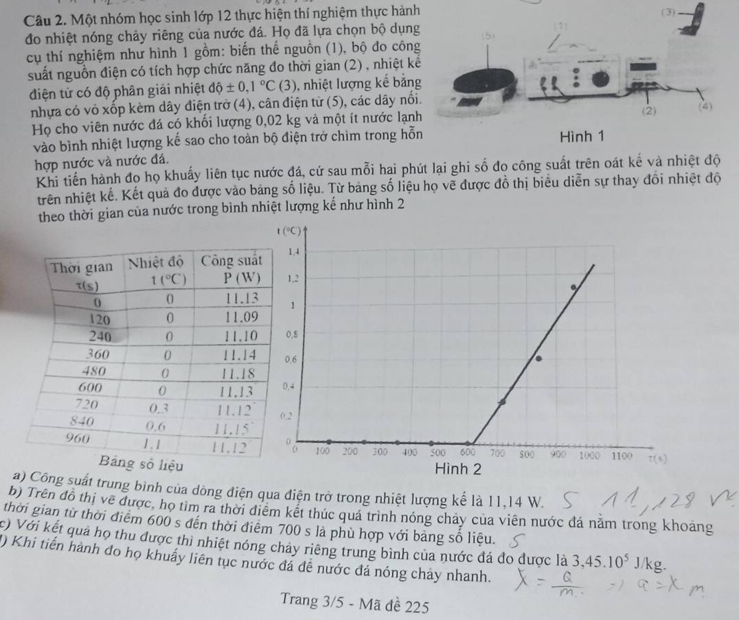 Một nhóm học sinh lớp 12 thực hiện thí nghiệm thực hành
(3)
đo nhiệt nóng chảy riêng của nước đá. Họ đã lựa chọn bộ dụng
cụ thí nghiệm như hình 1 gồm: biến thế nguồn (1), bộ đo côn
suất nguồn điện có tích hợp chức năng đo thời gian (2) , nhiệt k
điện tử có độ phân giải nhiệt dhat o± 0,1°C(3) , nhiệt lượng kế bằn
nhựa có vỏ xốp kèm dây điện trở (4), cân điện từ (5), các dây nổi
Họ cho viên nước đá có khối lượng 0,02 kg và một ít nước lạn
vào bình nhiệt lượng kế sao cho toàn bộ điện trở chìm trong hỗn
hợp nước và nước đá.
Khi tiến hành đo họ khuấy liên tục nước đá, cứ sau mỗi hai phút lại ghi số đo công suất trên oát kế và nhiệt độ
trên nhiệt kế. Kết quả đo được vào bảng số liệu. Từ bảng số liệu họ vẽ được đồ thị biểu diễn sự thay đổi nhiệt độ
theo thời gian của nước trong bình nhiệt lượng kế như hình 2
a) Công suất trung bình của dòng điện qua điện trở trong nhiệt lượng kế là 11,14 W.
b) Trên đồ thị về được, họ tìm ra thời điểm kết thúc quá trình nóng chảy của viên nước đá năm trong khoảng
thời gian từ thời điểm 600 s đến thời điểm 700 s là phù hợp với bảng số liệu.
c) Với kết quả họ thu được thì nhiệt nóng chảy riêng trung bình của nước đá đo được là 3,45.10^5J/kg.
() Khi tiến hành đo họ khuẩy liên tục nước đá đễ nước đá nóng chảy nhanh.
Trang 3/5 - Mã đề 225