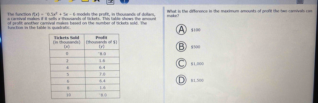 The function f(x)=^-0.5x^2+5x-6 models the profit, in thousands of dollars, What is the difference in the maximum amounts of profit the two carnivals can
a carnival makes if it sells x thousands of tickets. This table shows the amount make?
of profit another carnival makes based on the number of tickets sold. The
A
function in the table is quadratic. $100
$500
B
a $1,000
D) $1,500