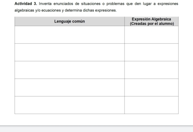 Actividad 3. Inventa enunciados de situaciones o problemas que den lugar a expresiones 
algebraicas y/o ecuaciones y determina dichas expresiones.