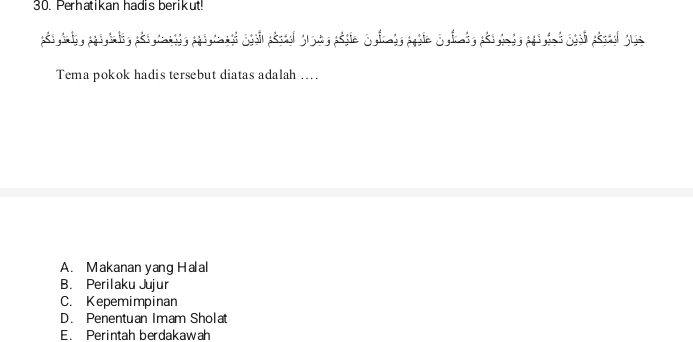 Perhatikan hadis berikut!
Tema pokok hadis tersebut diatas adalah …
A. Makanan yang Halal
B. Perilaku Jujur
C. Kepemimpinan
D. Penentuan Imam Sholat
E. Perintah berdakawah