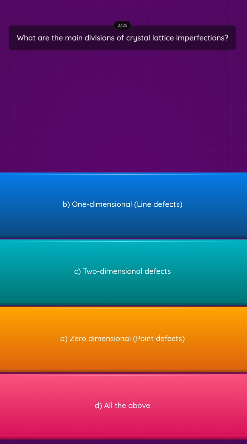 2/25
What are the main divisions of crystal lattice imperfections?
b) One-dimensional (Line defects)
c) Two-dimensional defects
a) Zero dimensional (Point defects)
d) All the above