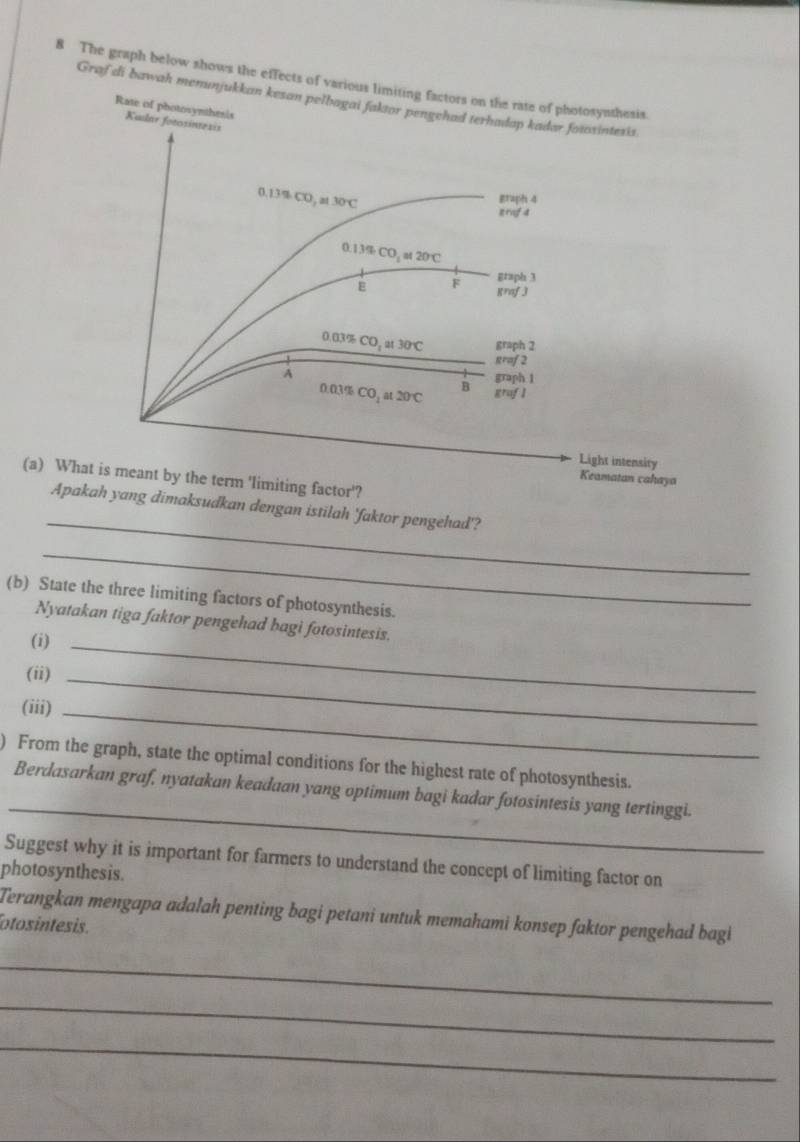 The graph below shows the effects of various limiting factors on the rate of photosynthesis.
Grafdi bawah menun
(a) Wng factor'?
_
Apakah yang dimaksudkan dengan istilah 'faktor pengehad'?
_
(b) State the three limiting factors of photosynthesis.
Nyatakan tiga faktor pengehad bagi fotosintesis.
(i)_
(ii)_
(iii)_
) From the graph, state the optimal conditions for the highest rate of photosynthesis.
_
Berdasarkan graf, nyatakan keadaan yang optimum bagi kadar fotosintesis yang tertinggi.
Suggest why it is important for farmers to understand the concept of limiting factor on
photosynthesis.
Terangkan mengapa adalah penting bagi petani untuk memahami konsep faktor pengehad bagi
otosintesis.
_
_
_